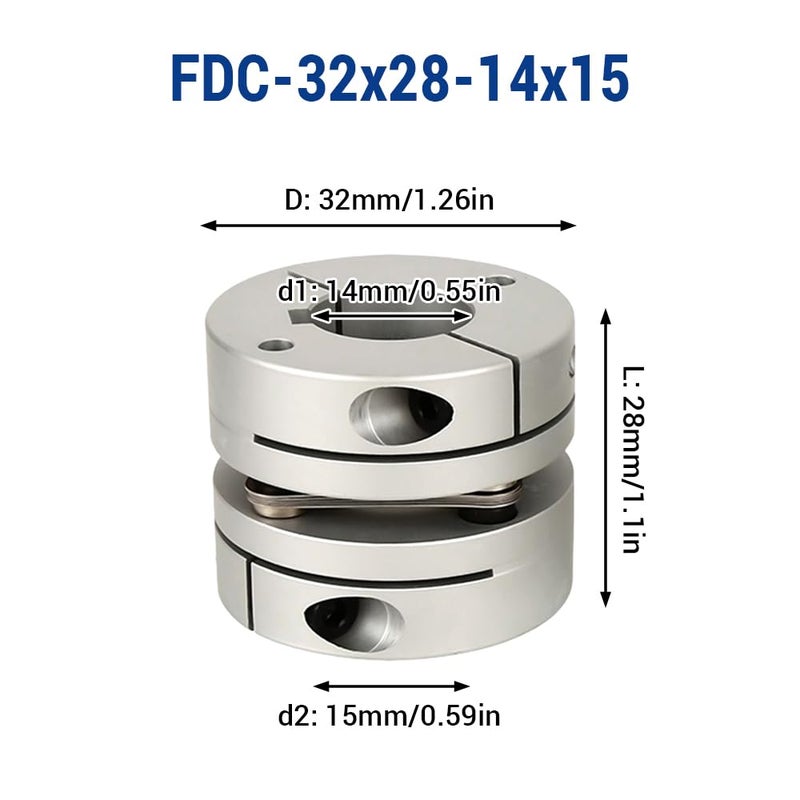 BORDSTRACT 14mm to 15mm Flexible Diaphragm Coupling, D32 L28 Aluminium 1 Diaphragm Motor Shaft Coupler for 3D Printer CNC Machine Servo Stepped Motor - Image 2